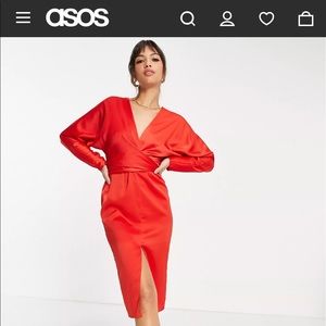 ASOS DESIGN satin midi dress with batwing sleeve and wrap waist in red